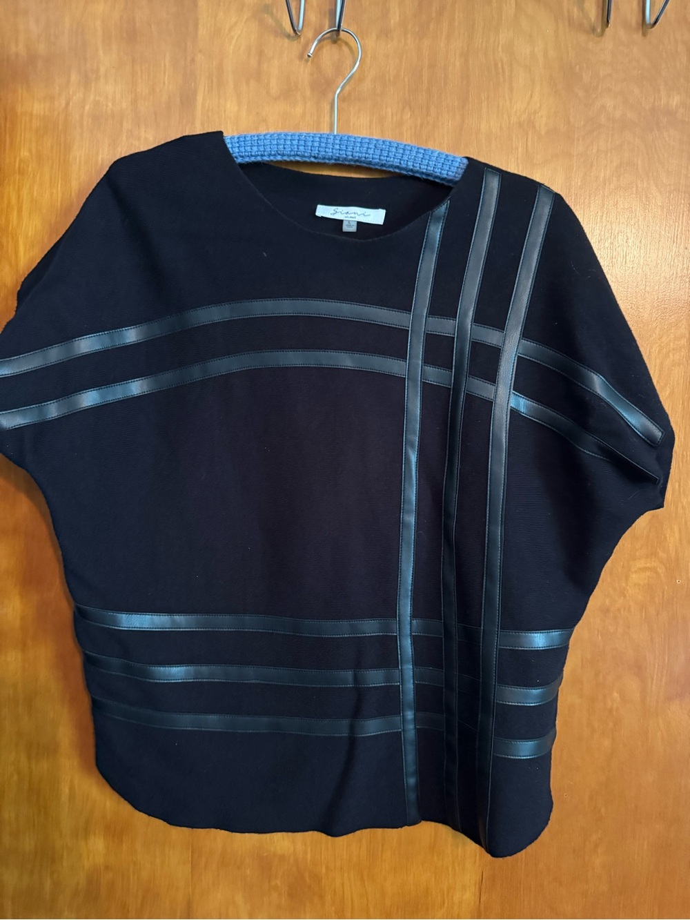Sioni Black Crewneck Sweater with Leather-Trim Stripes